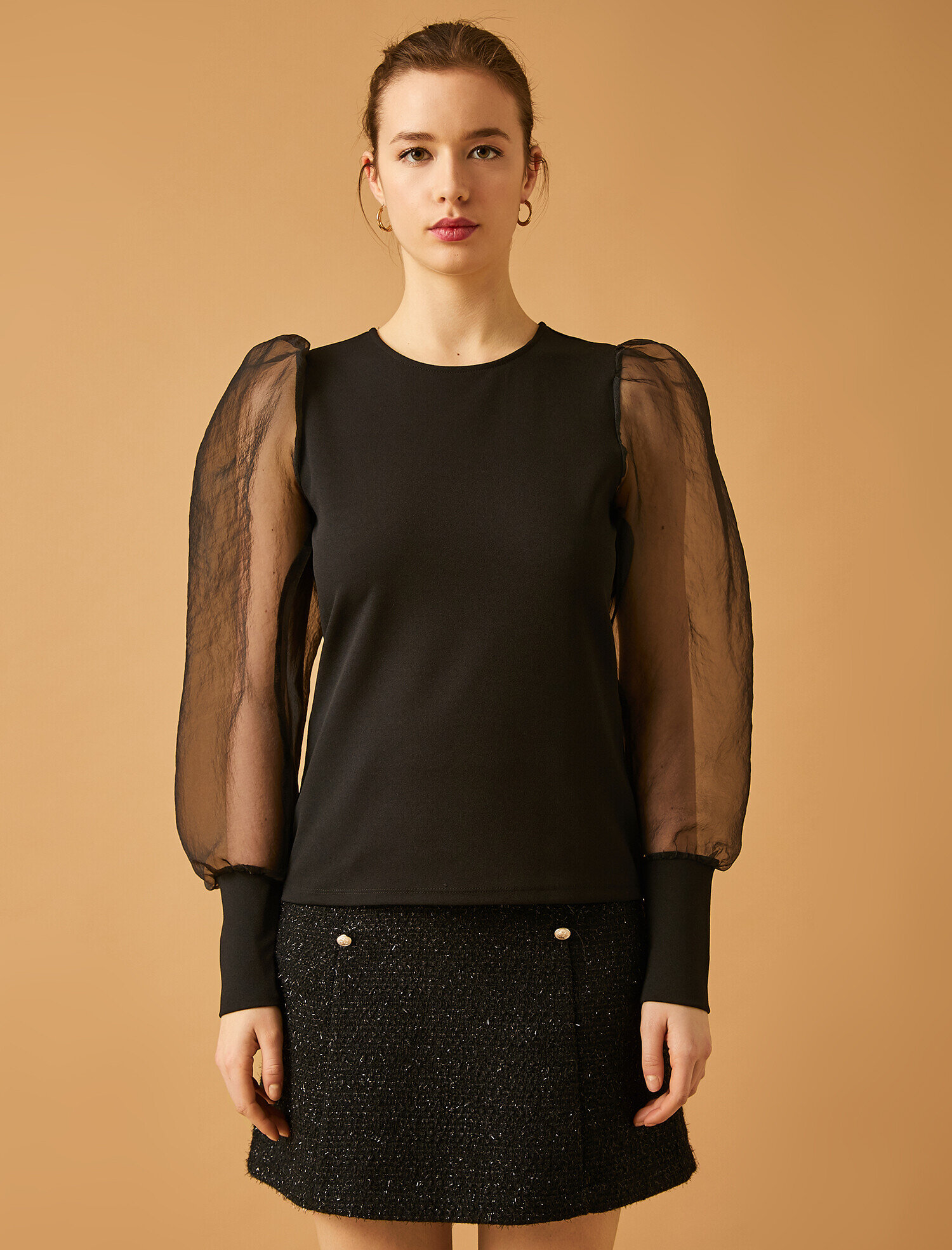   Uzun Kollu Tişört Organze Detaylı Bisiklet Yaka Bluz