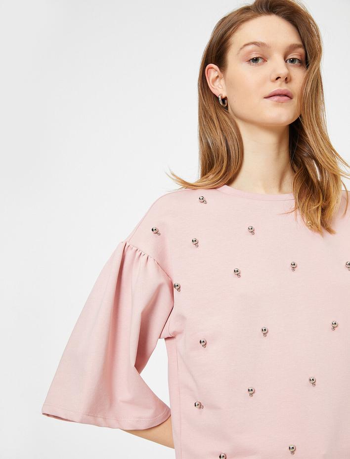  Bisiklet Yaka Boncuk İşlemeli Sweatshirt