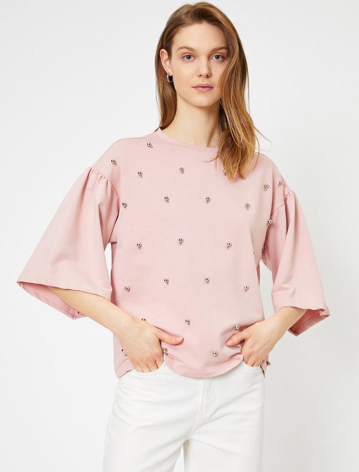  Bisiklet Yaka Boncuk İşlemeli Sweatshirt