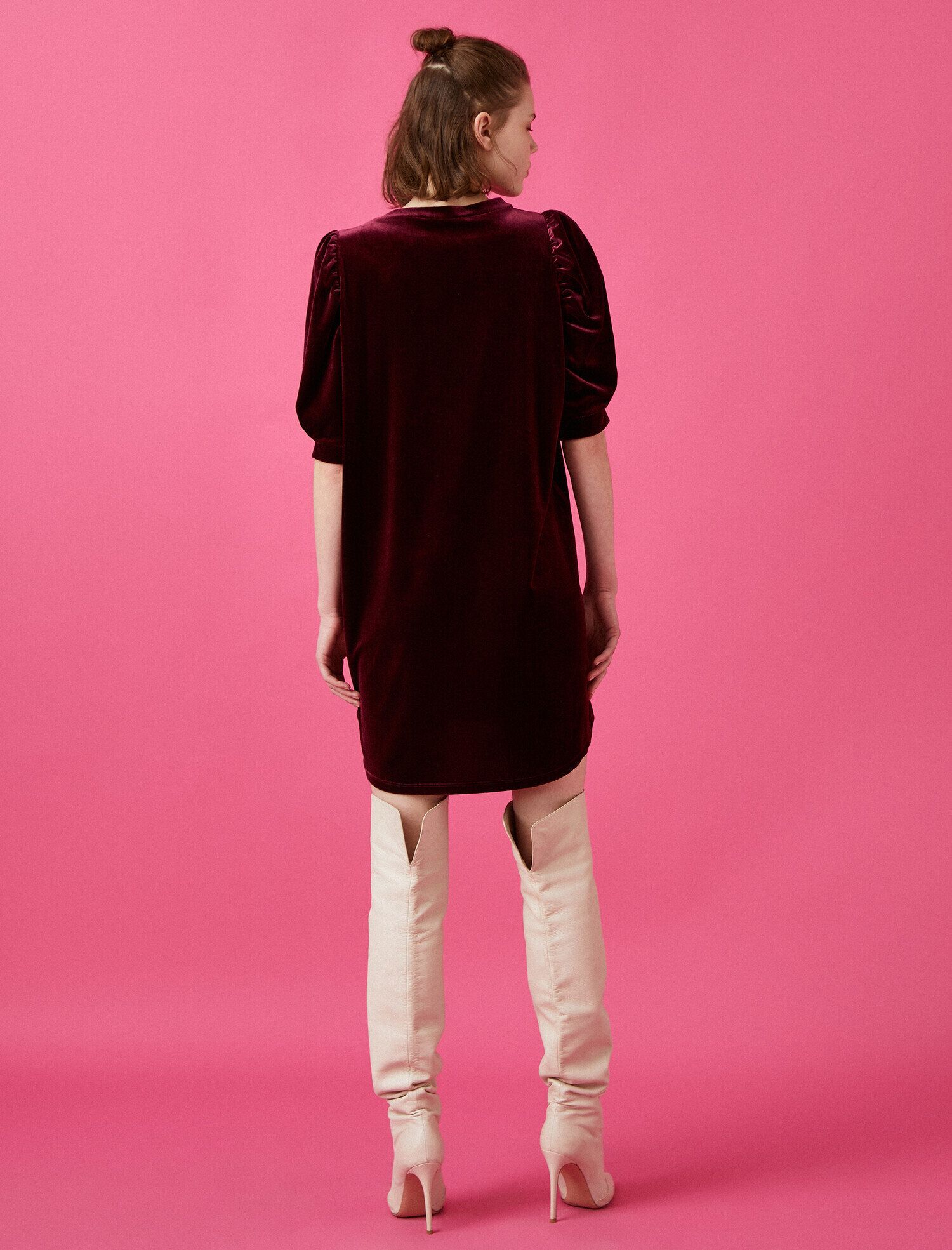   3/4 Kol Bisiklet Yaka Kadife Elbise