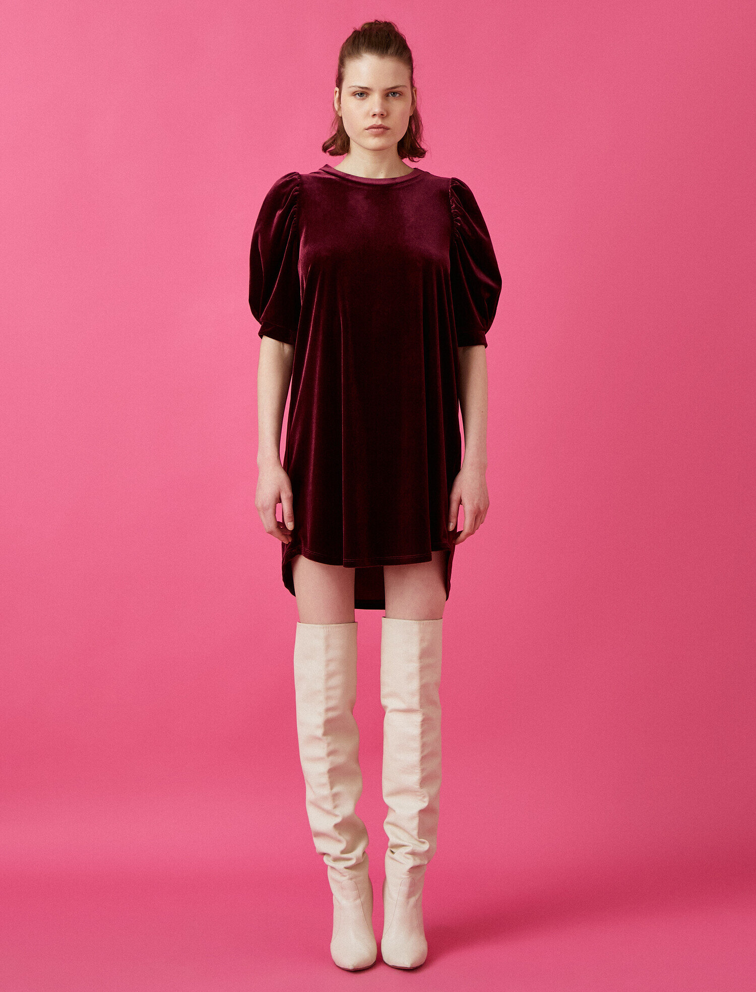   3/4 Kol Bisiklet Yaka Kadife Elbise