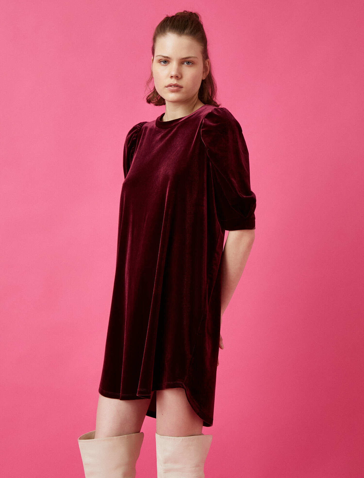   3/4 Kol Bisiklet Yaka Kadife Elbise