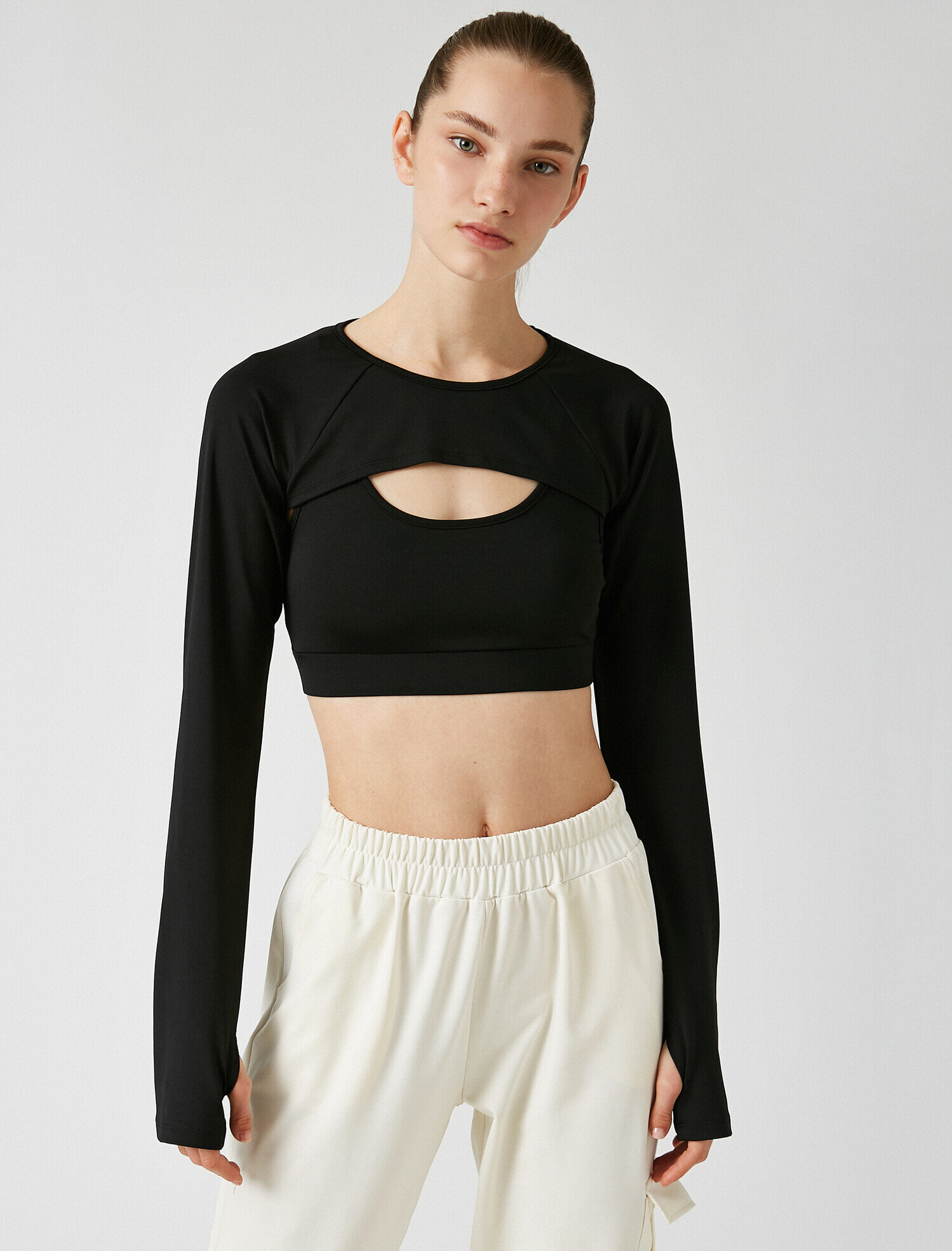  Bisiklet Yaka Uzun Kollu Crop Sweatshirt