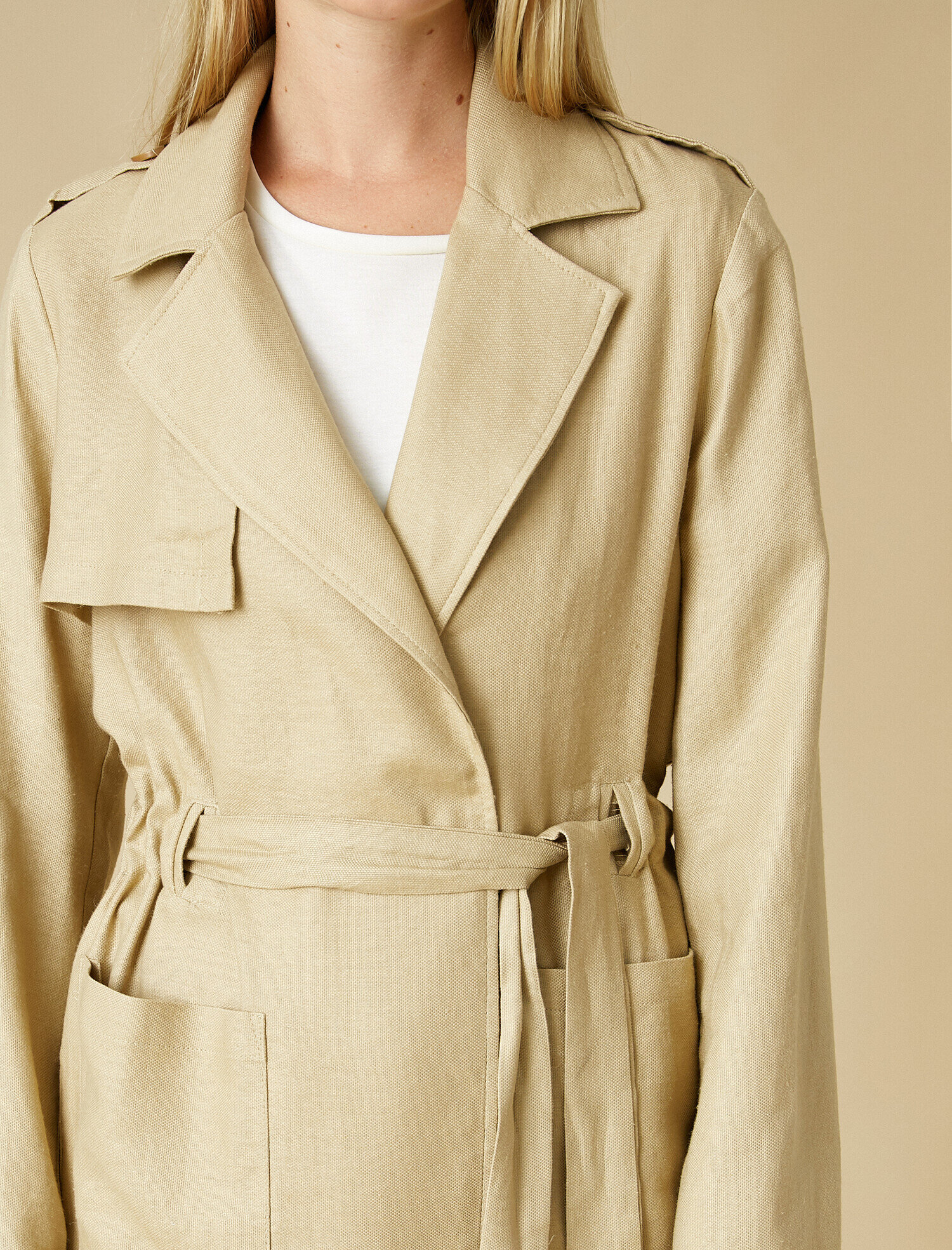   Cep Detaylı Beli Bağlamalı Trençkot Keten Karışımlı