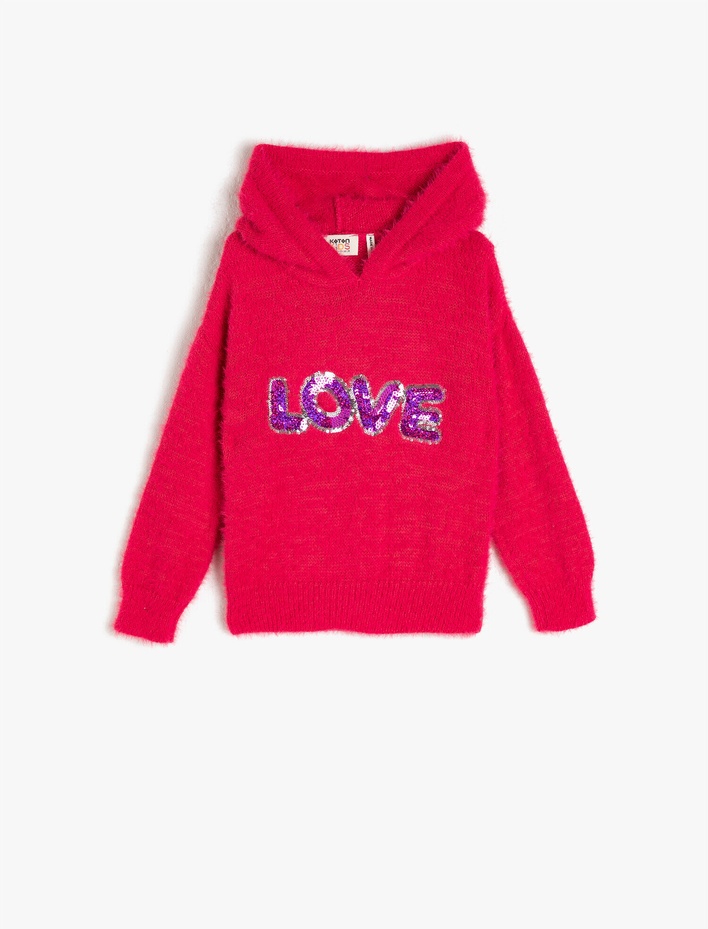 Kız Çocuk Kapüşonlu Pullu Triko Kazak