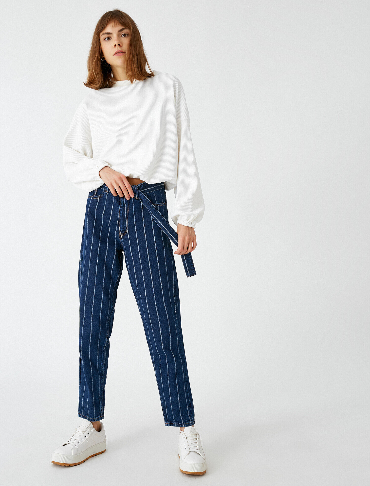   Cotton High Waist Striped Jeans