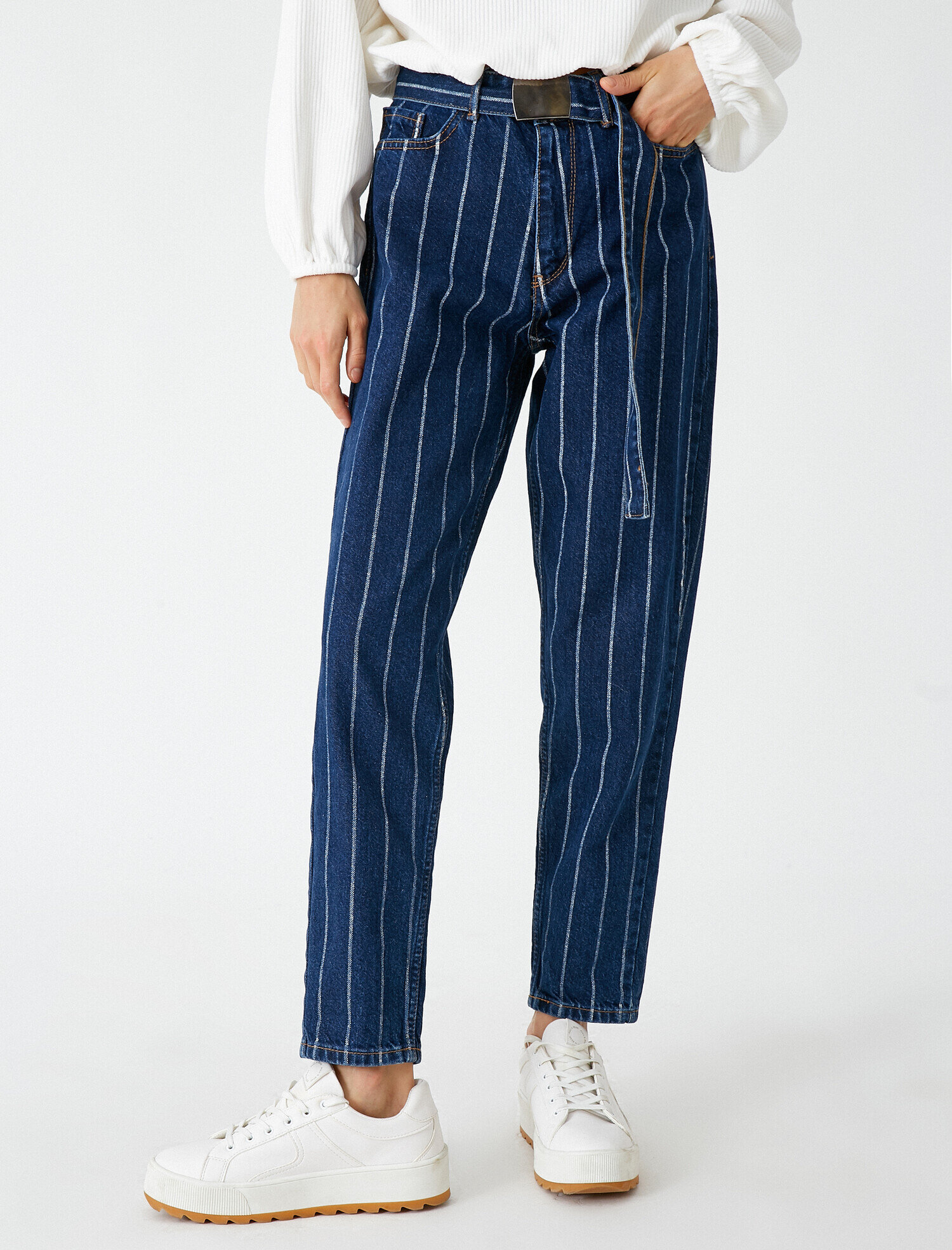   Cotton High Waist Striped Jeans