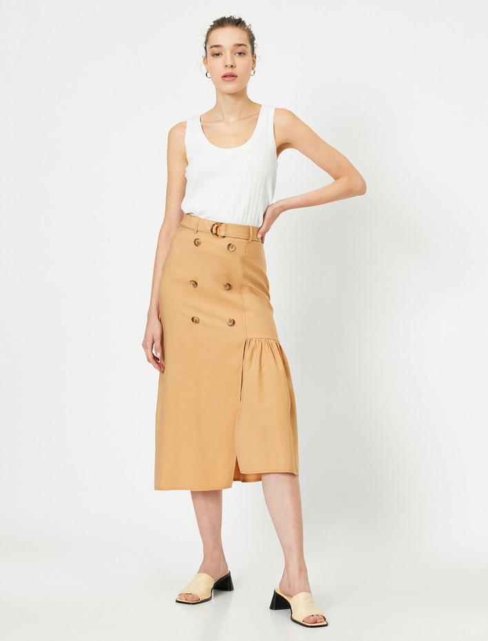  Normal Bel Düğme Detaylı Midi Etek