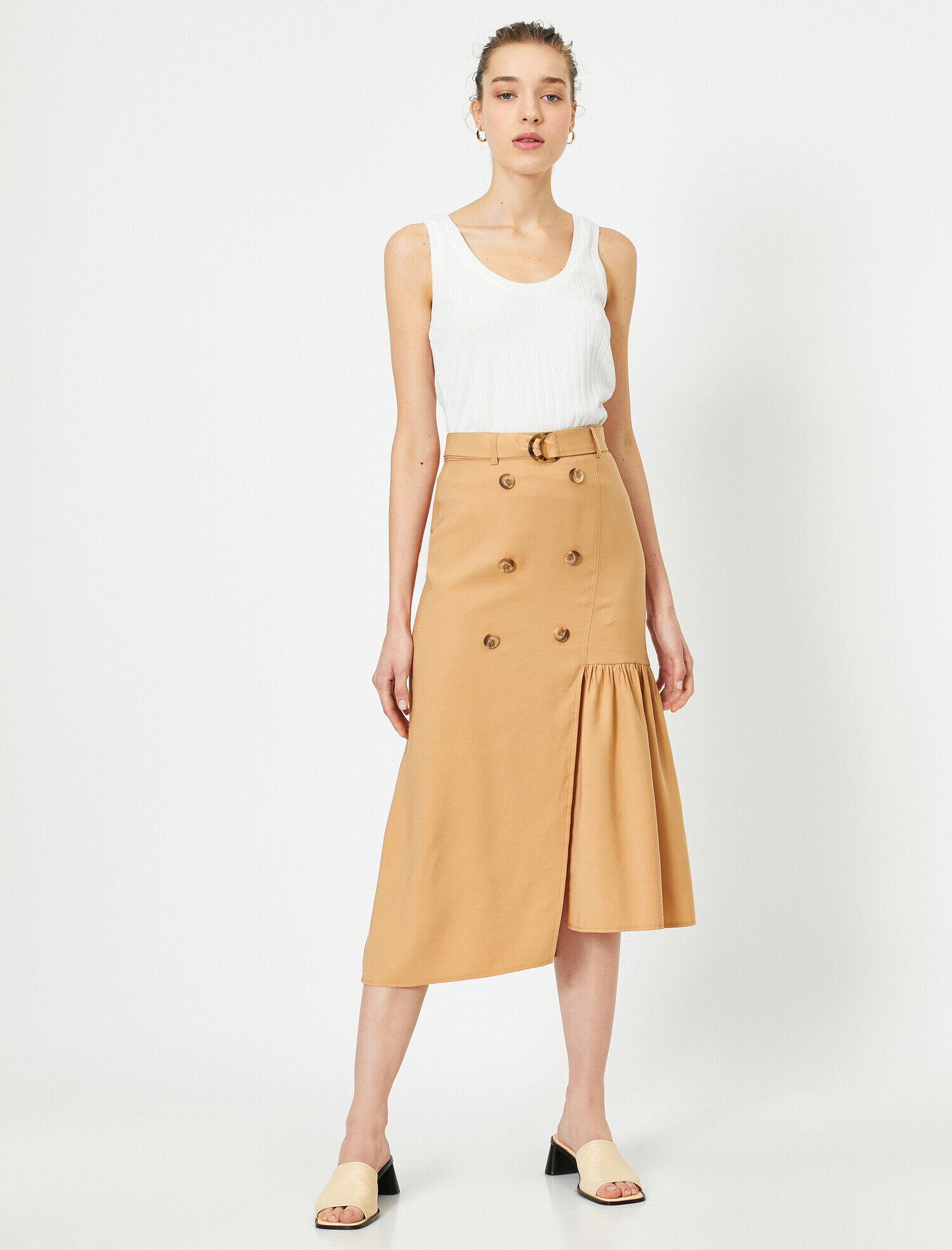   Normal Bel Düğme Detaylı Midi Etek