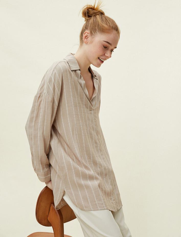  Çizgili Uzun Kollu Dökümlü Bluz