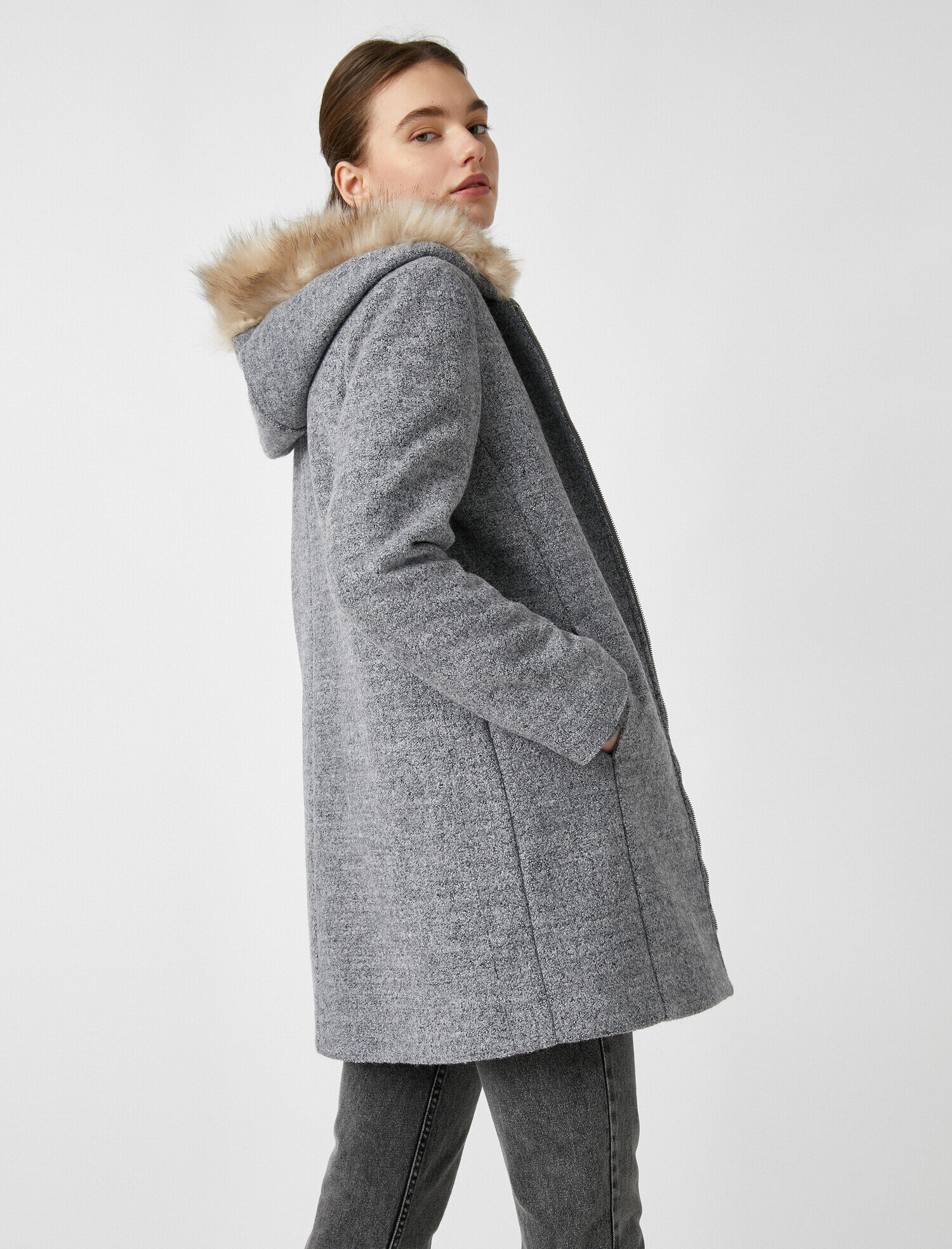   Suni Kürklü Kapüşonlu Kaban