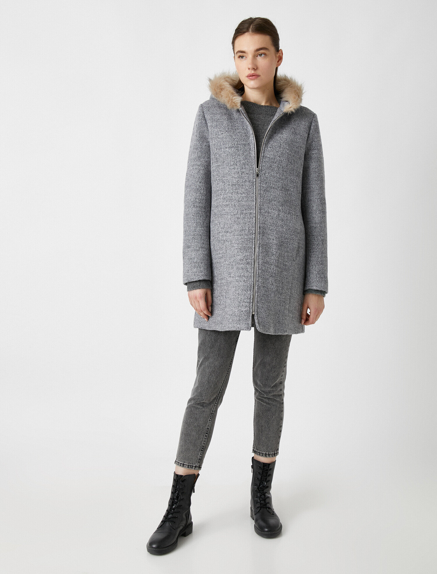   Suni Kürklü Kapüşonlu Kaban