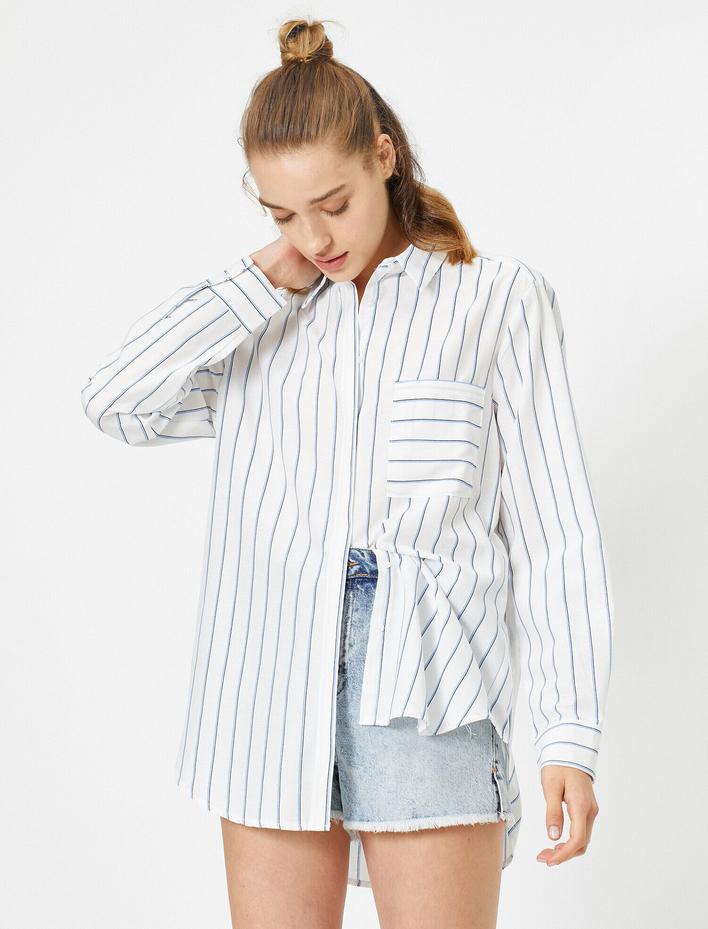  Klasik Yaka Uzun Kollu %100 Pamuk Tek Cep Çizgili Gömlek