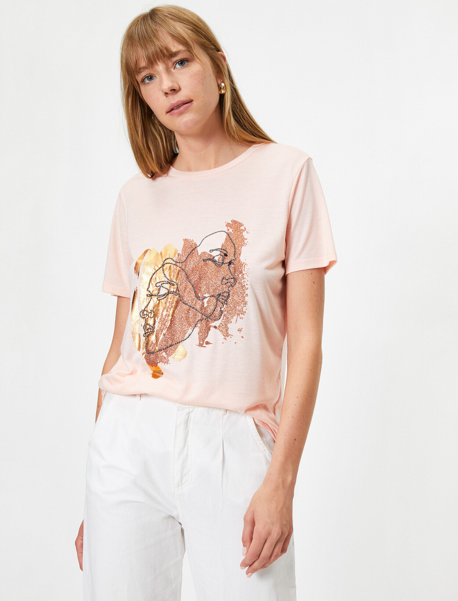   Parlak Baskılı Bisiklet Yaka Kısa Kollu Tişört