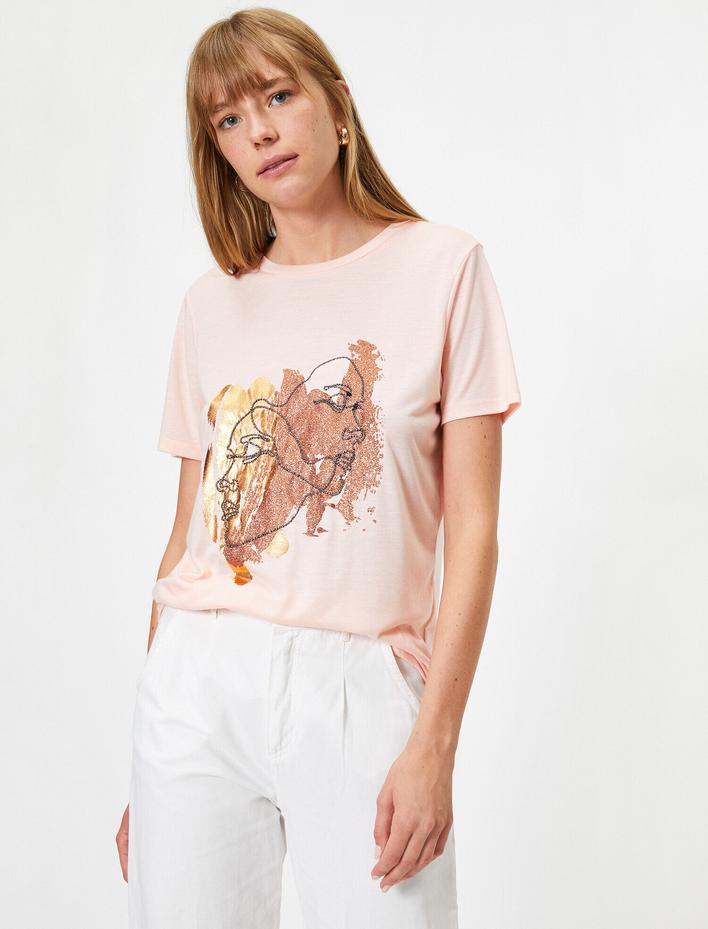  Parlak Baskılı Bisiklet Yaka Kısa Kollu Tişört