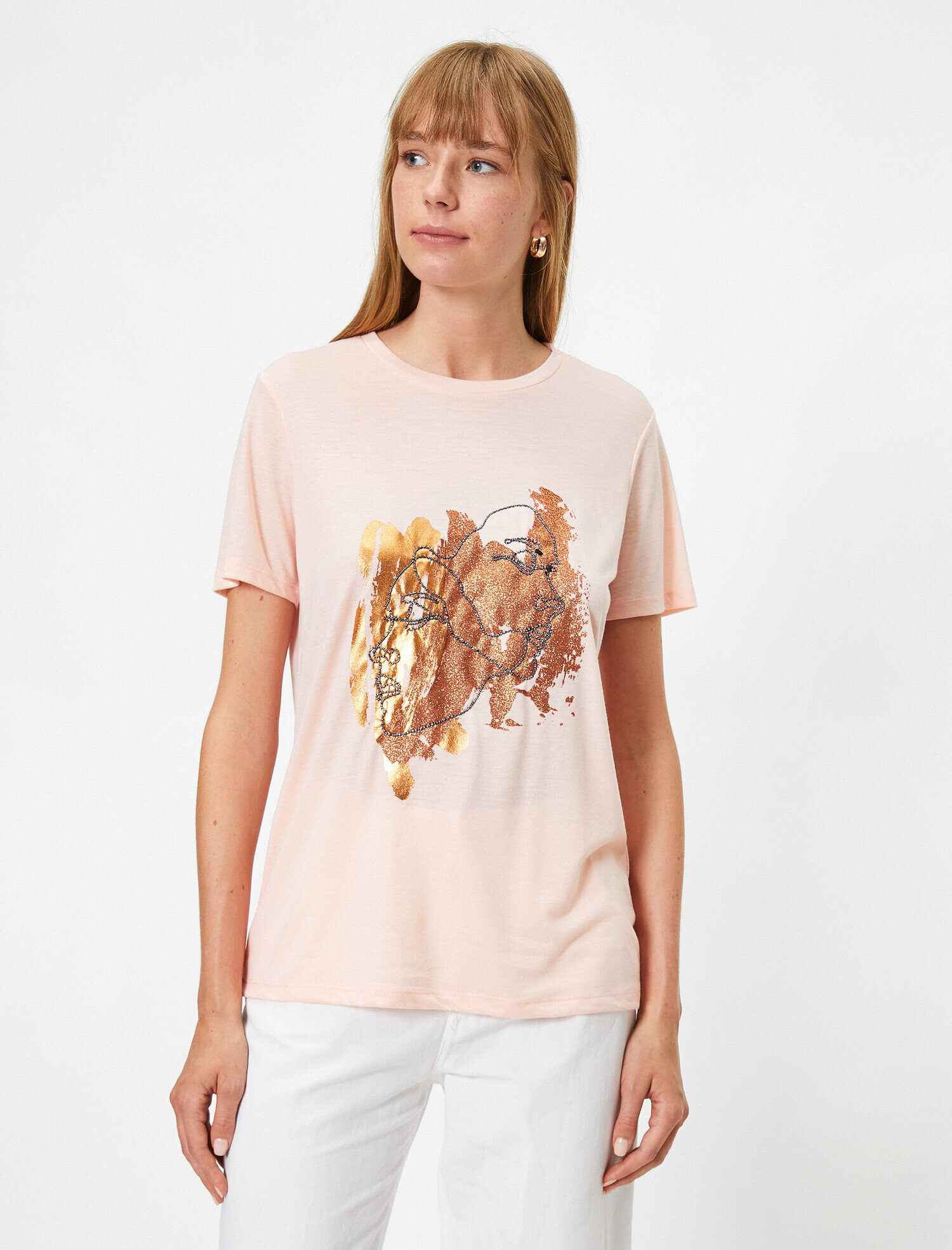   Parlak Baskılı Bisiklet Yaka Kısa Kollu Tişört