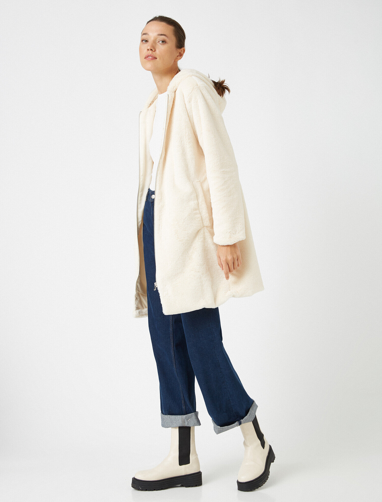   Suni Kürk Fermuarlı Cepli Oversize Kaban