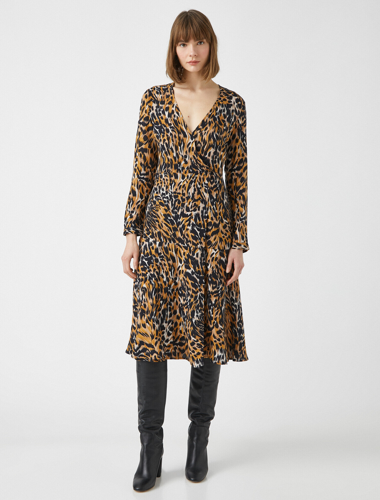   Uzun Kollu Leopar Desenli Elbise