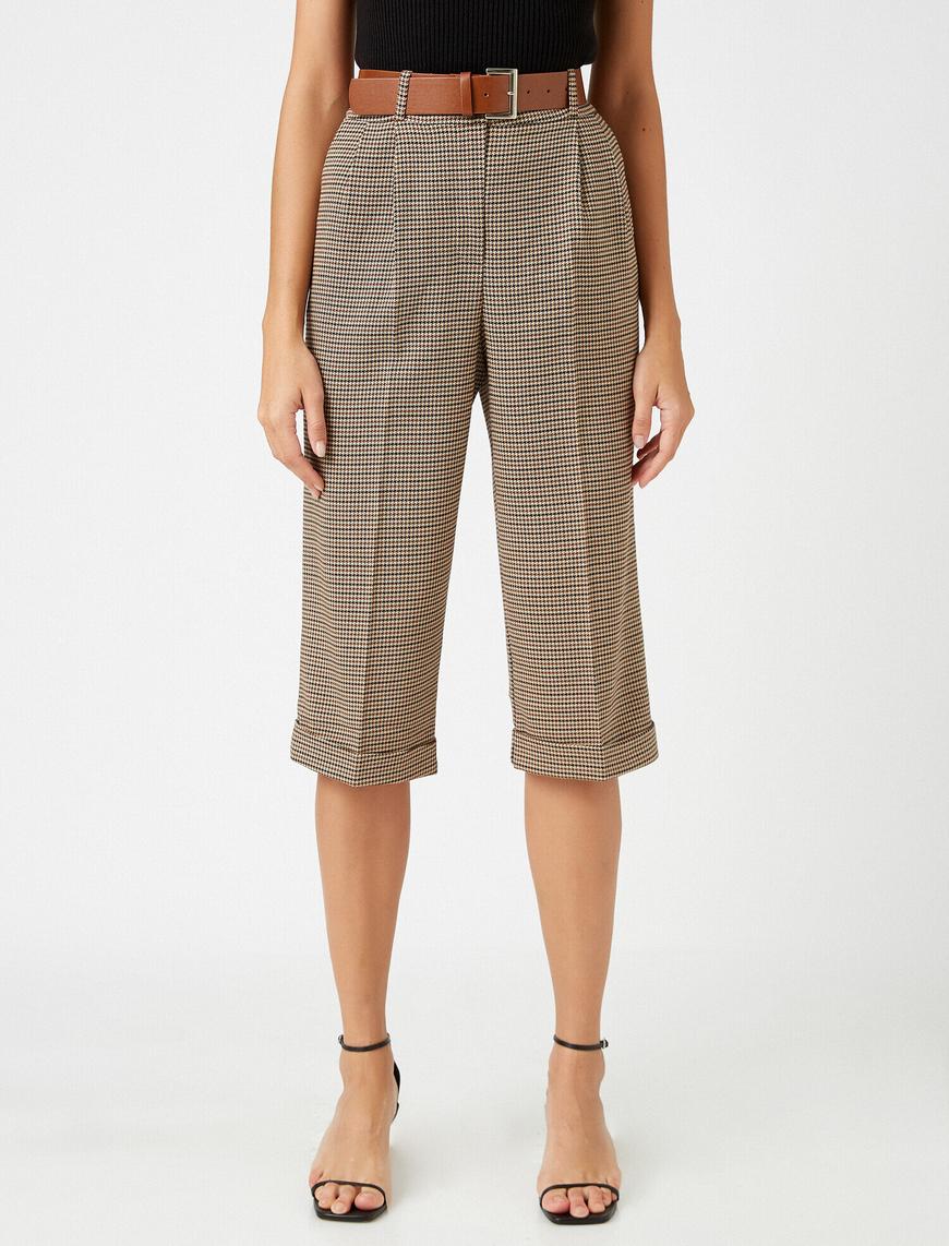   Kemerli Ekose Geniş Paça Crop Pantolon