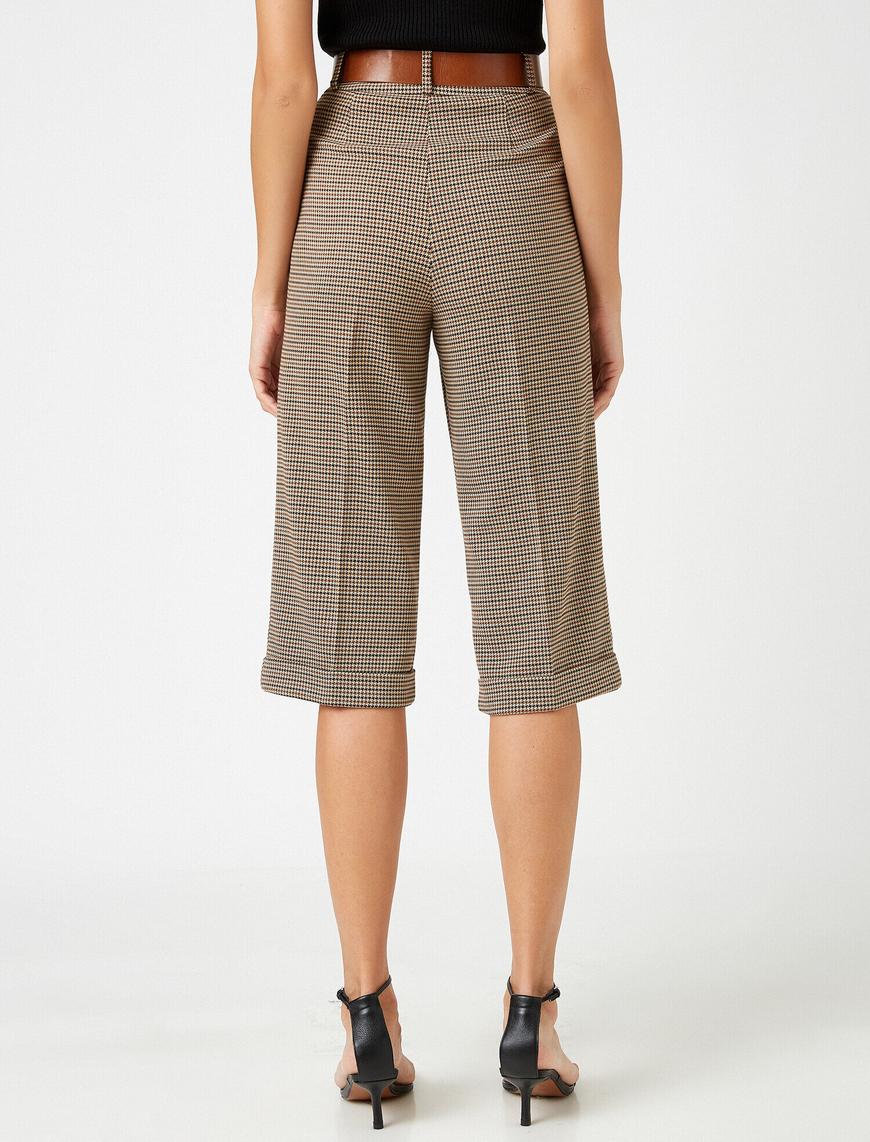   Kemerli Ekose Geniş Paça Crop Pantolon