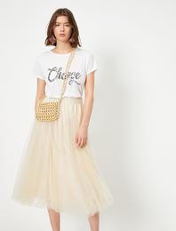 İnci Detaylı Baskılı Bisiklet Yaka Tişört