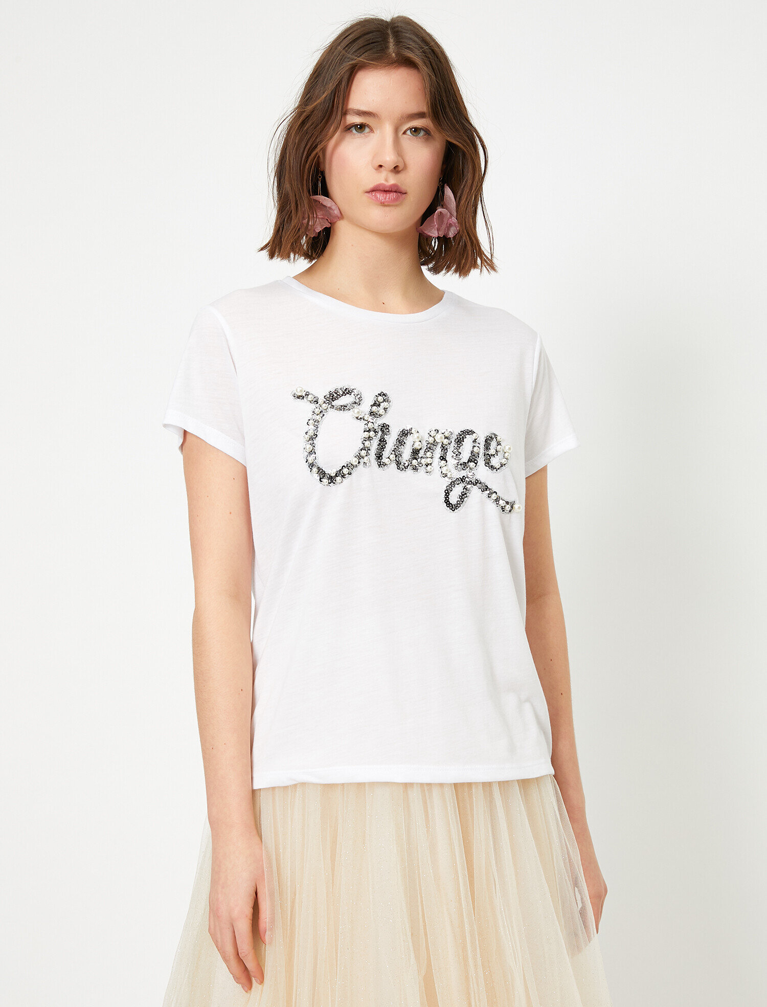   İnci Detaylı Baskılı Bisiklet Yaka Tişört