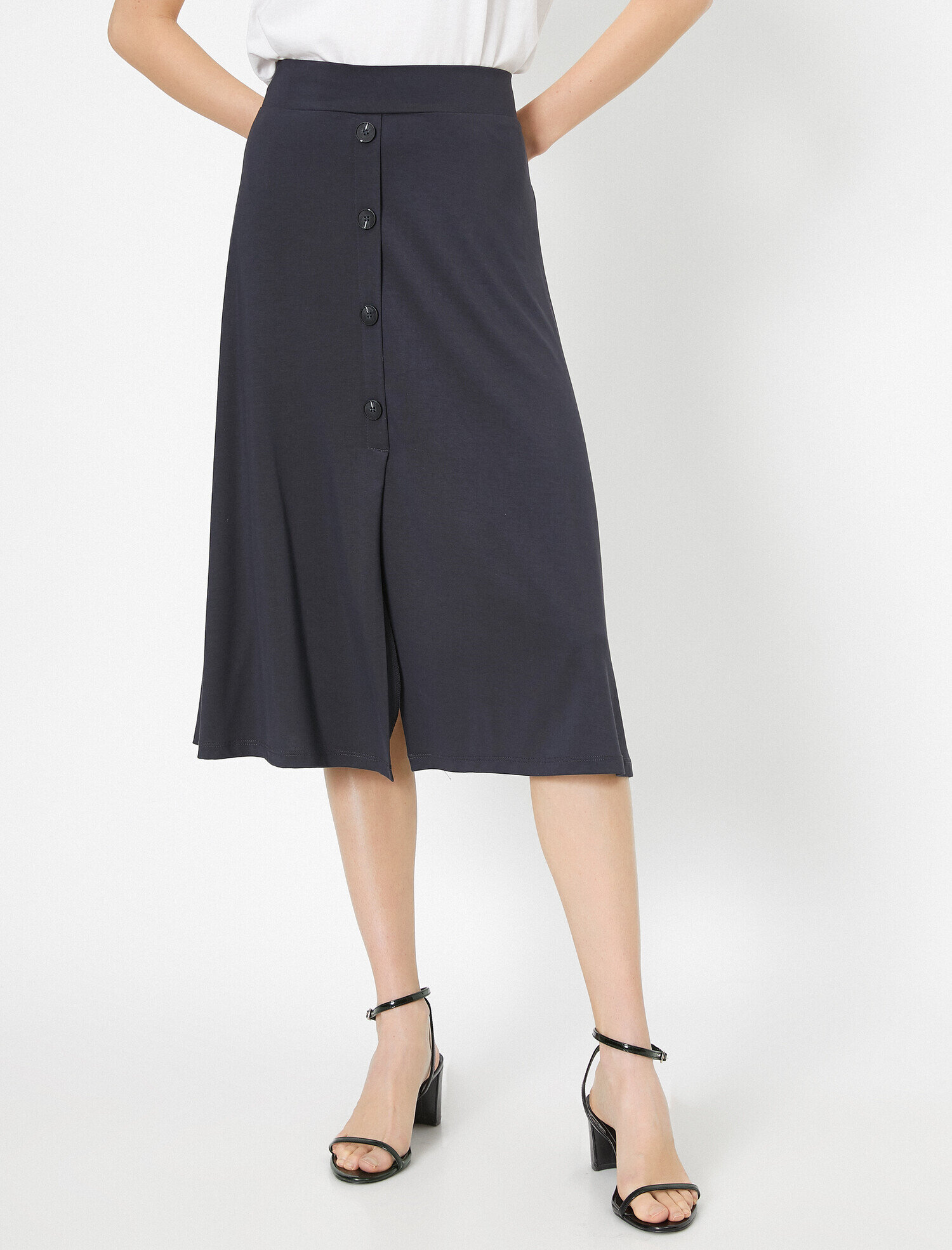   Düğme Detaylı Yırtmaçlı Midi Etek