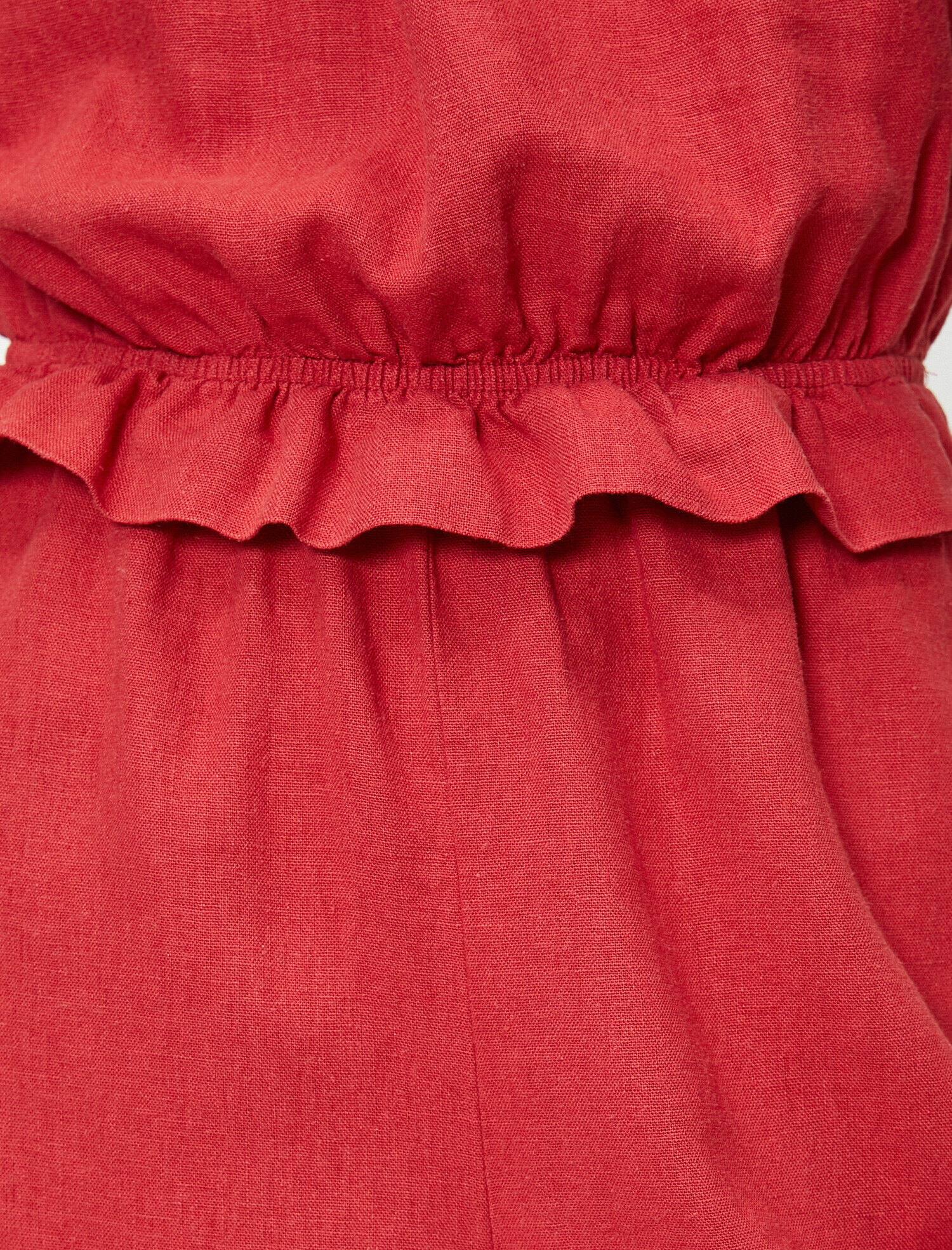   Omzu Açık Kısa Kollu Fırfırlı Keten Tulum