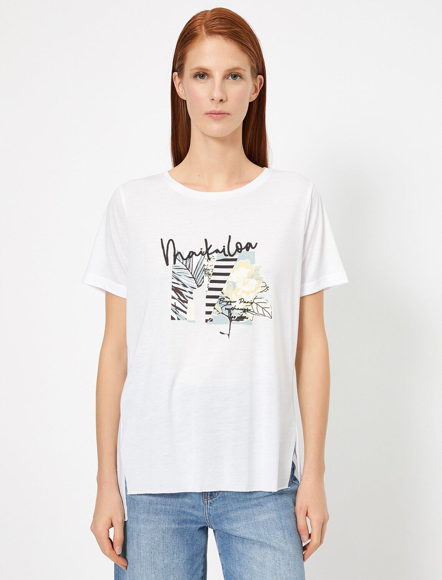   Floral Desenli Yazı Baskılı Yırtmaç Detaylı Tişört