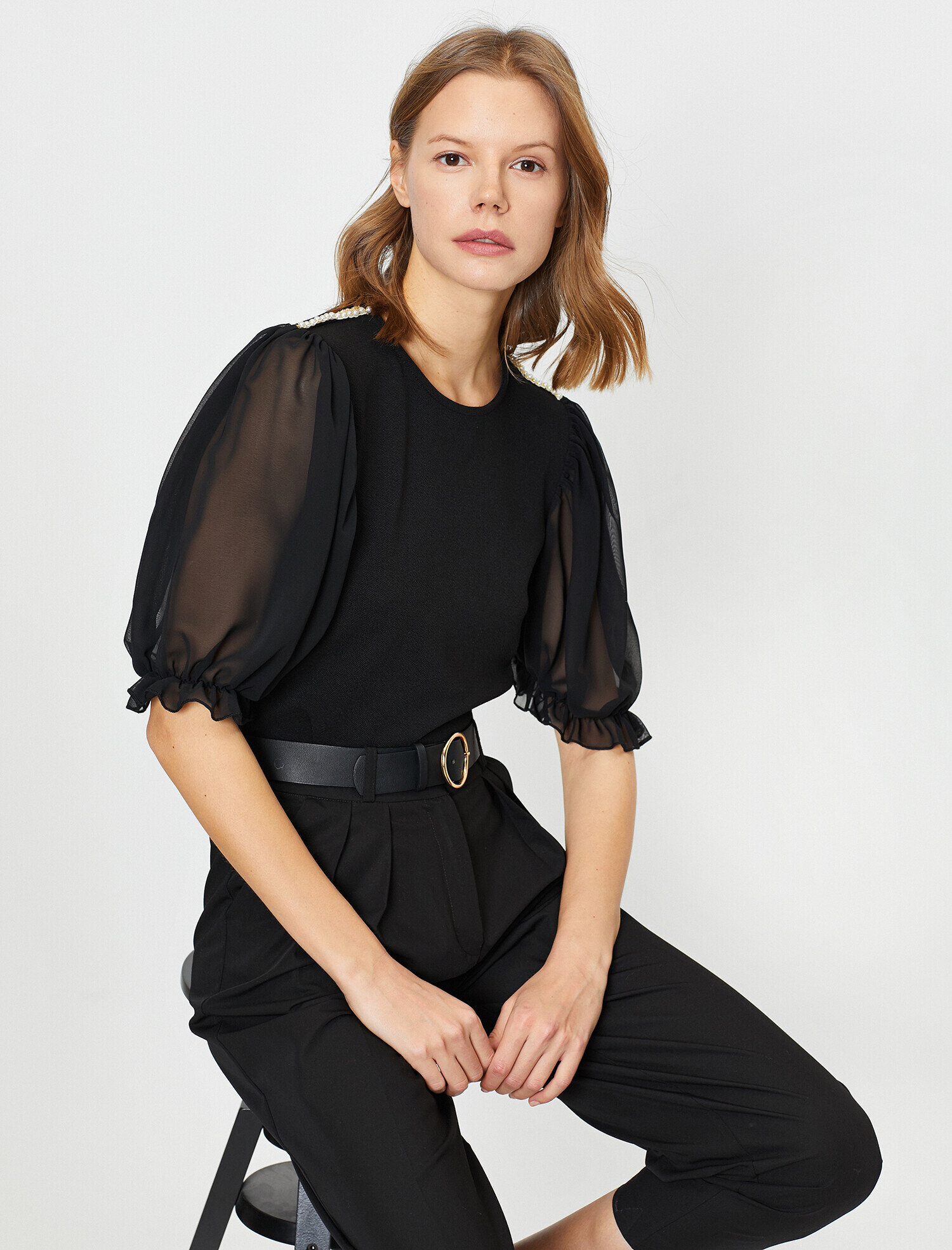   Kontrast Tül Bisiklet Yaka Tişört