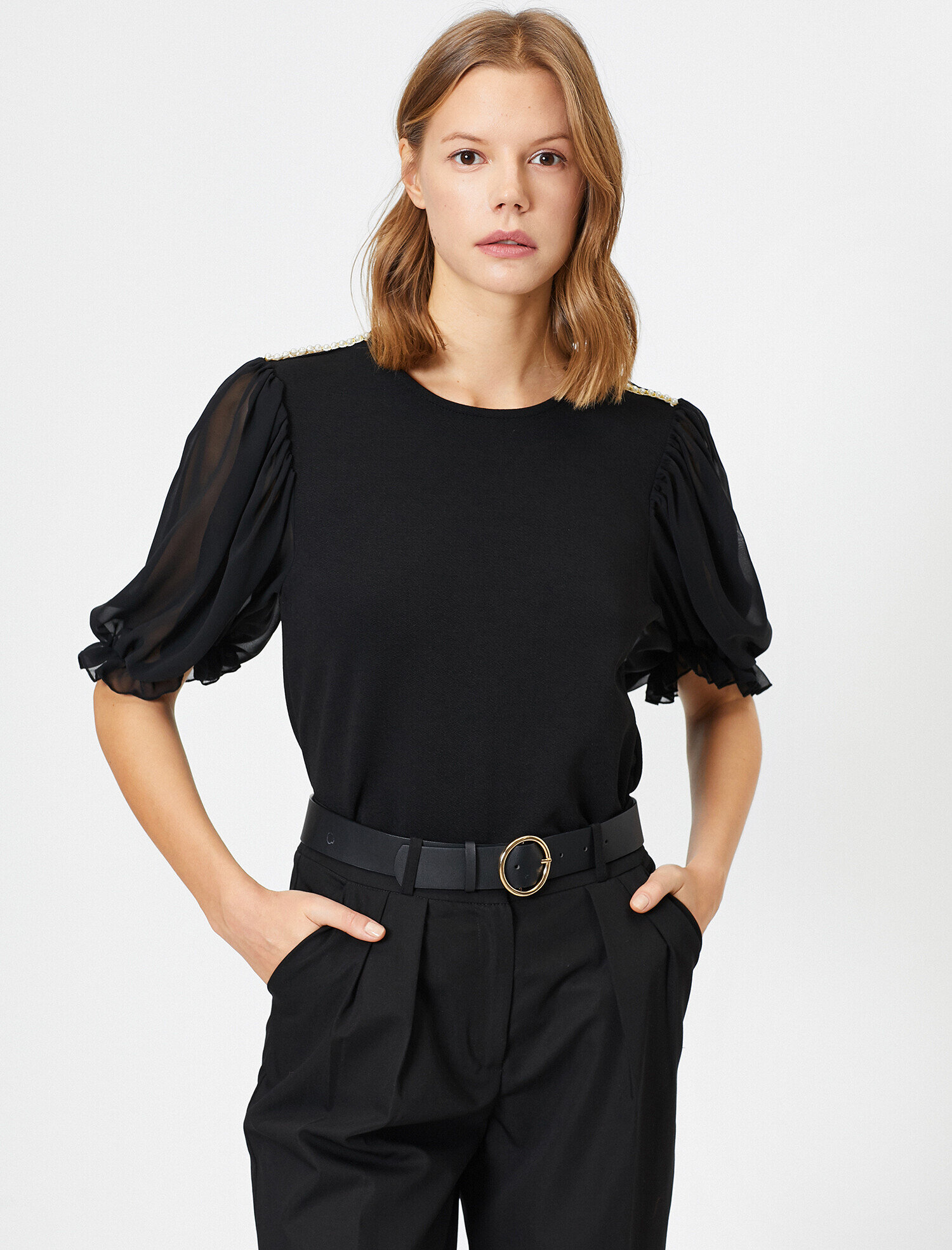   Kontrast Tül Bisiklet Yaka Tişört