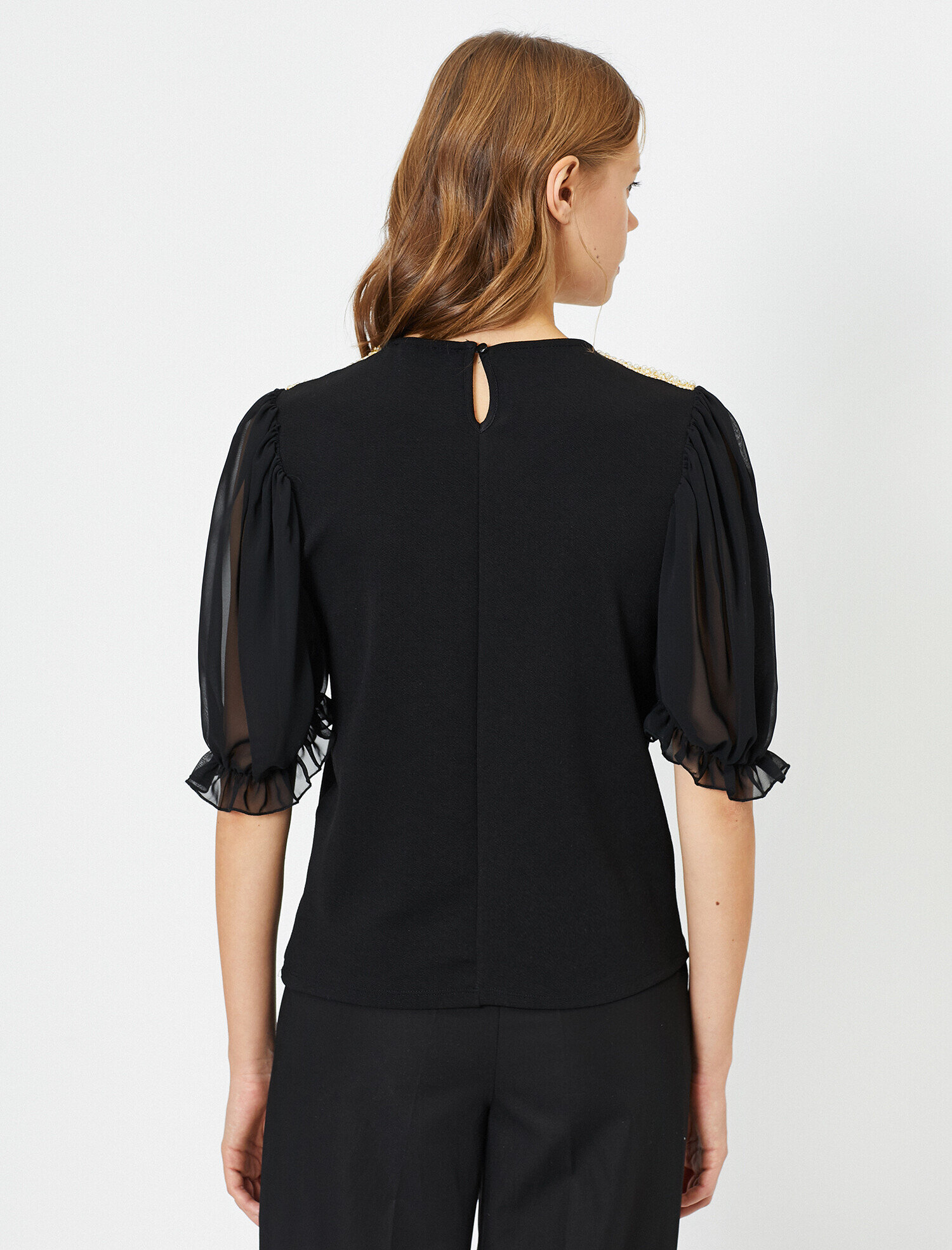   Kontrast Tül Bisiklet Yaka Tişört