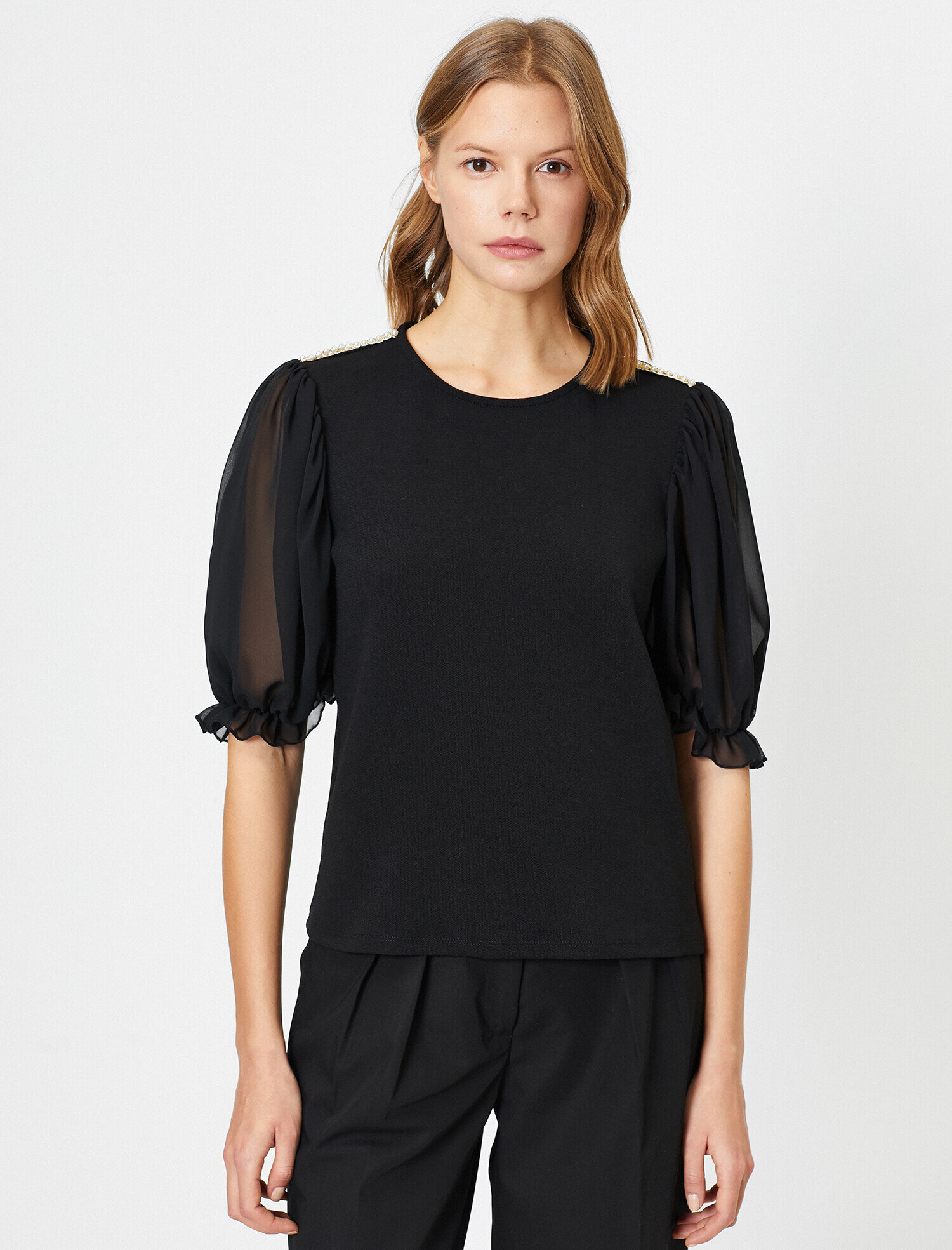   Kontrast Tül Bisiklet Yaka Tişört