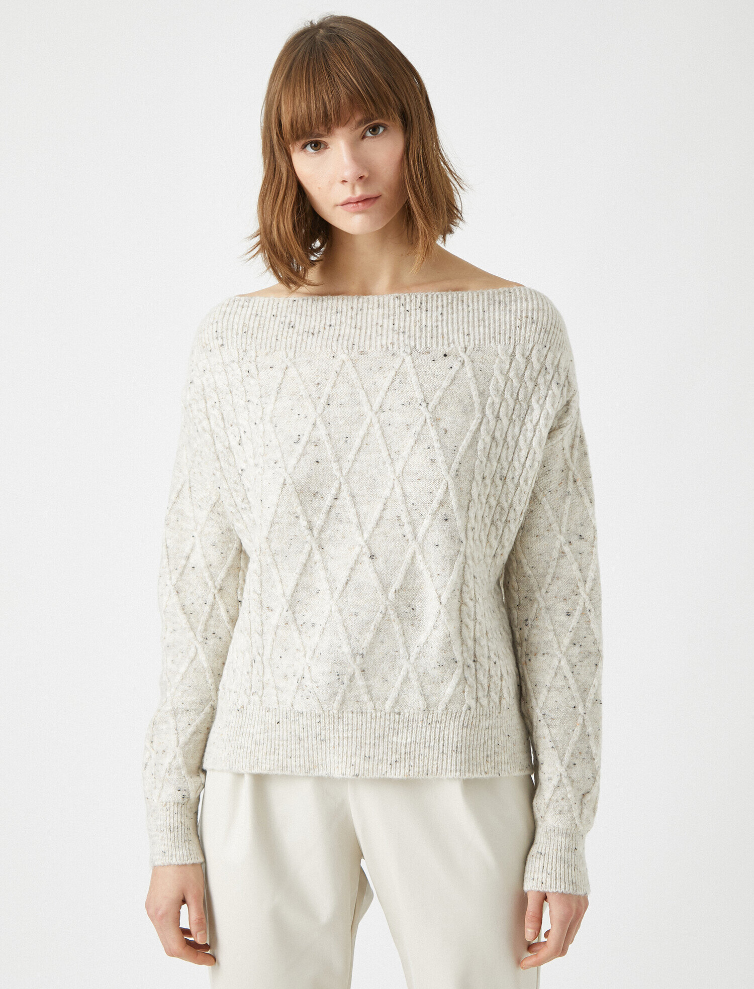 tookw2002！デル Ekru Kadın Kayık Yaka Saç Örgüsü Oversize Kazak 1KAK92737HT | Koton