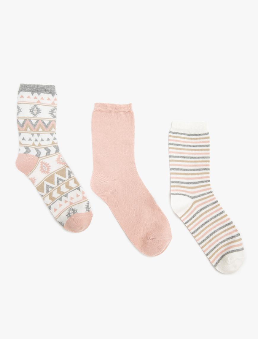  Kadın Çoklu Pamuklu Çizgili Desenli Çorap Seti