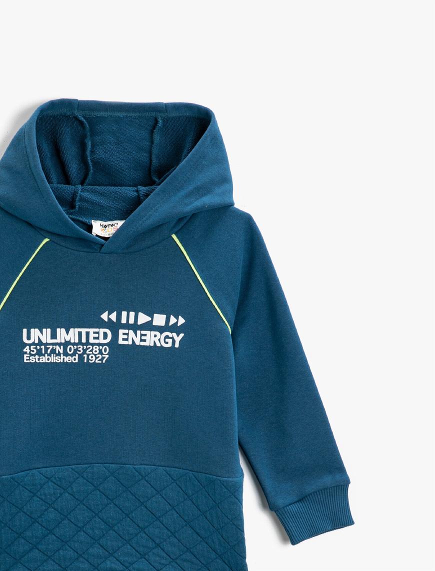  Erkek Çocuk Slogan Baskılı Kapüşonlu Sweatshirt Pamuklu Neon Şeritli