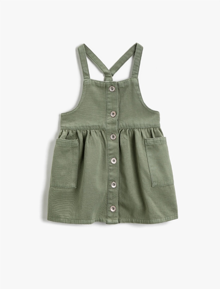 Kız Çocuk Düğmeli Elbise Pamuklu Askılı Cepli