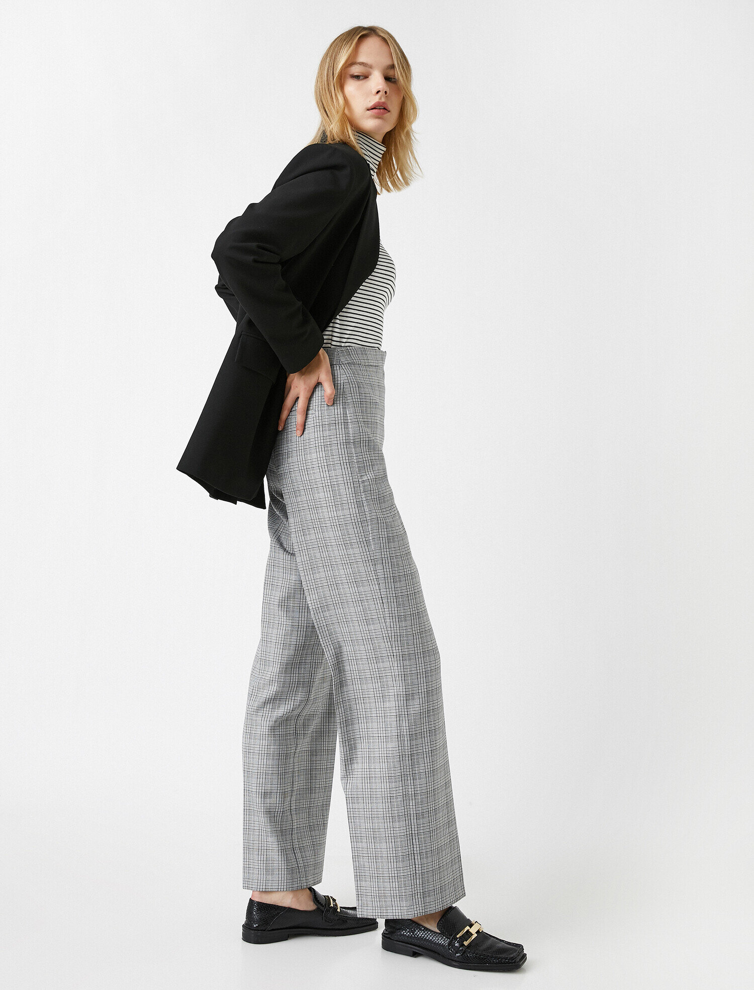   Geniş Paça Ekoseli Pantolon Yüksek Bel