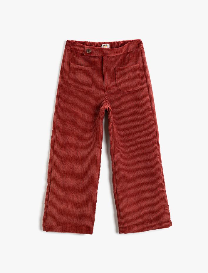 Kız Çocuk Fitilli Kadife Bol Paça Pantolon Kendinden Kemerli Cepli