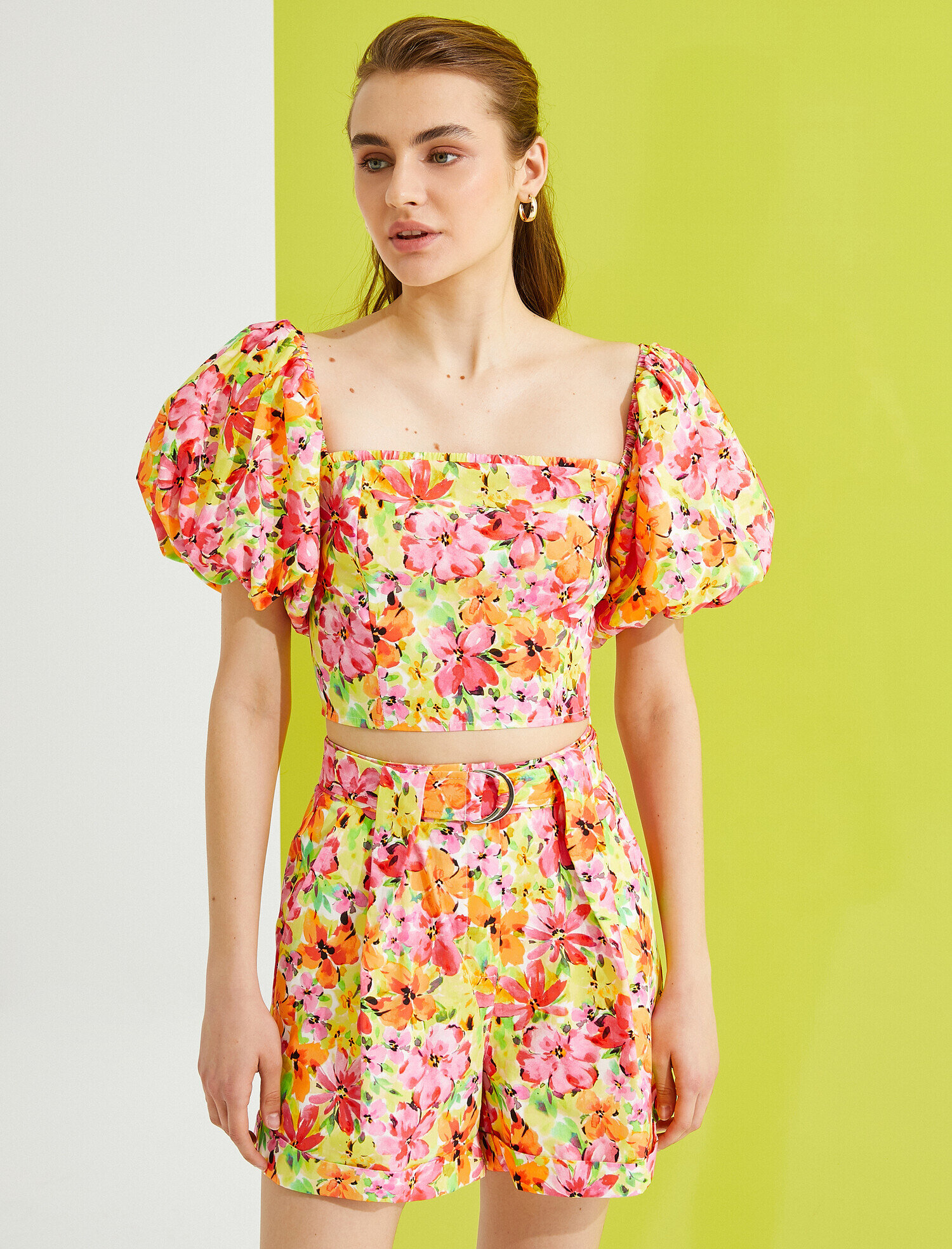   Çiçekli Bluz Crop Balon Kol Pamuklu