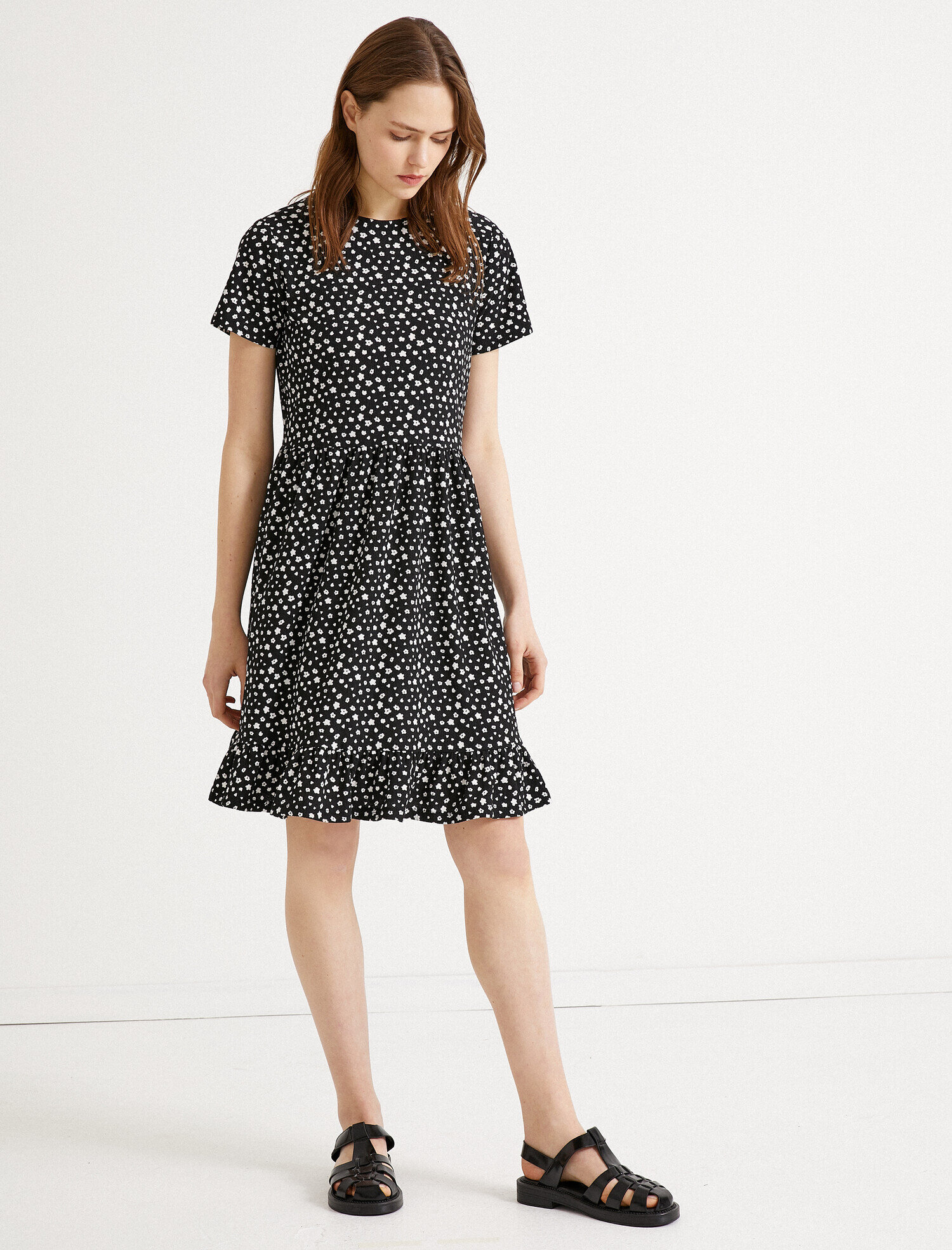   Çiçekli Yazlık Elbise Kısa Kollu Bisiklet Yaka