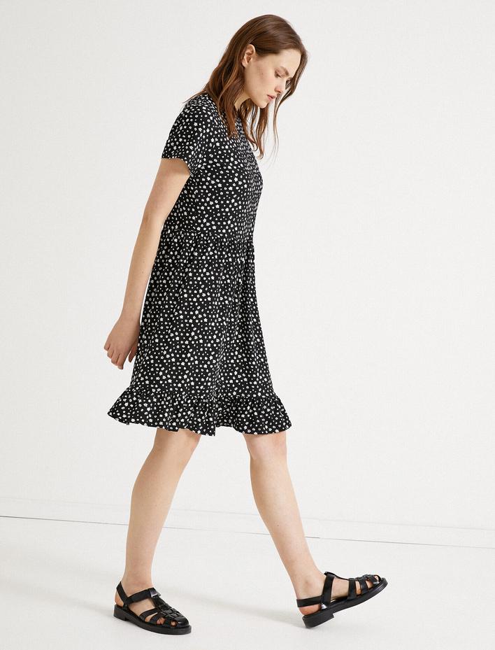  Çiçekli Yazlık Elbise Kısa Kollu Bisiklet Yaka