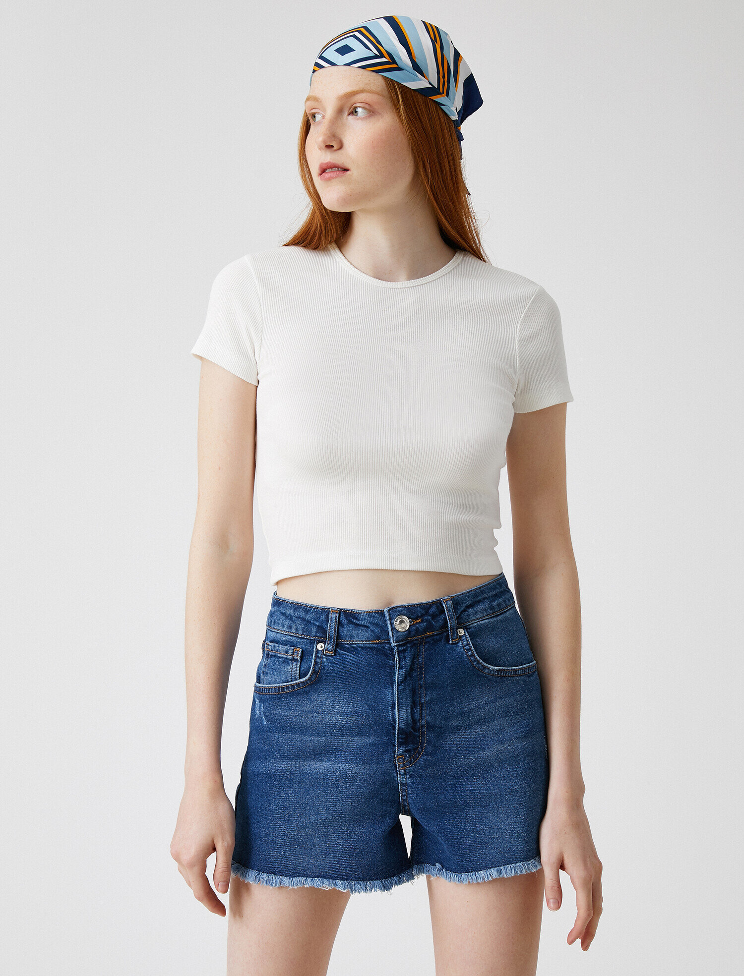   Fitilli Tişört Bisiklet Yaka Pamuklu