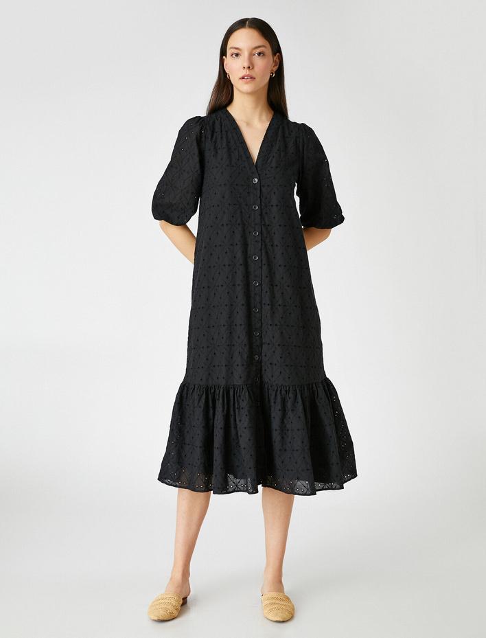  Fisto Fırfırlı Elbise V Yaka Midi Boy