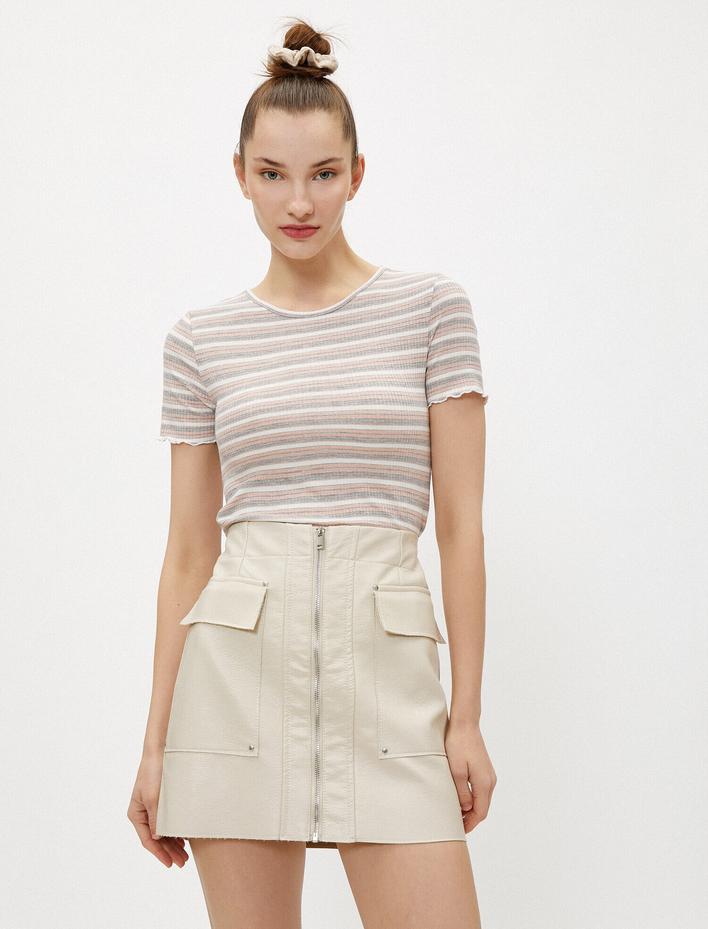  Çizgili Tişört Bisiklet Yaka Simli