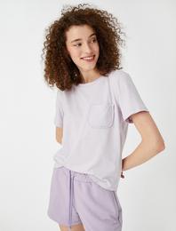 Cepli Tişört Fırfır Detaylı Bisiklet Yaka Pamuklu