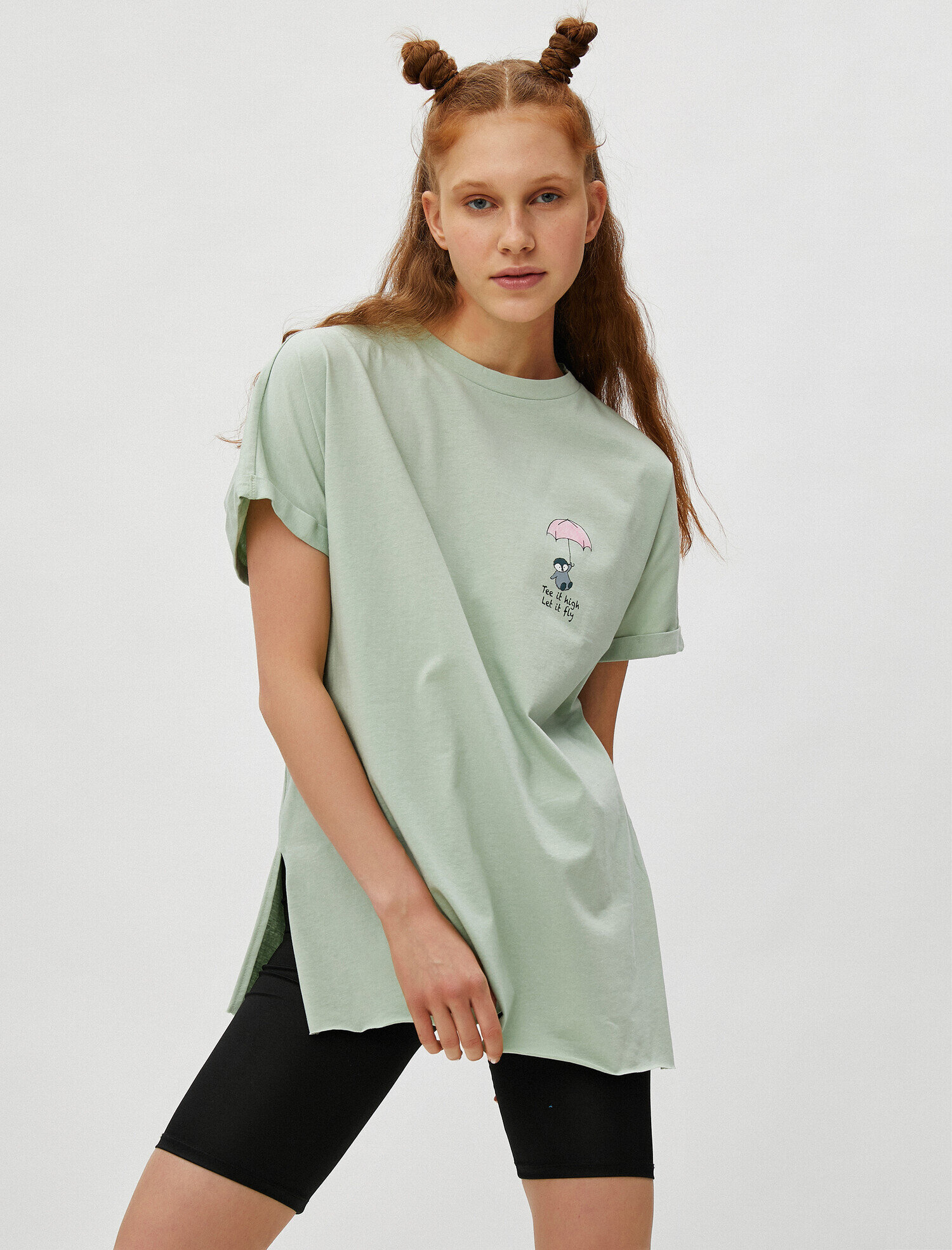 Kısa Kollu Tişört Bisiklet Yaka Baskılı Pamuklu Uzun Boy Oversize