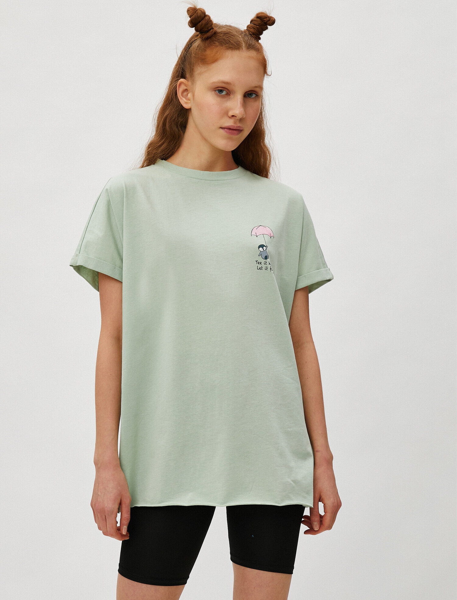 Kısa Kollu Tişört Bisiklet Yaka Baskılı Pamuklu Uzun Boy Oversize