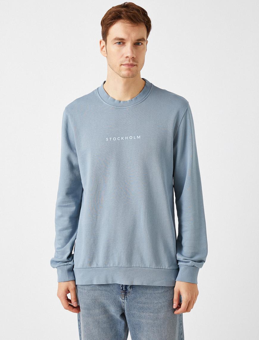   Yazılı Baskılı Bisiklet Yaka Uzun Kollu Sweatshirt