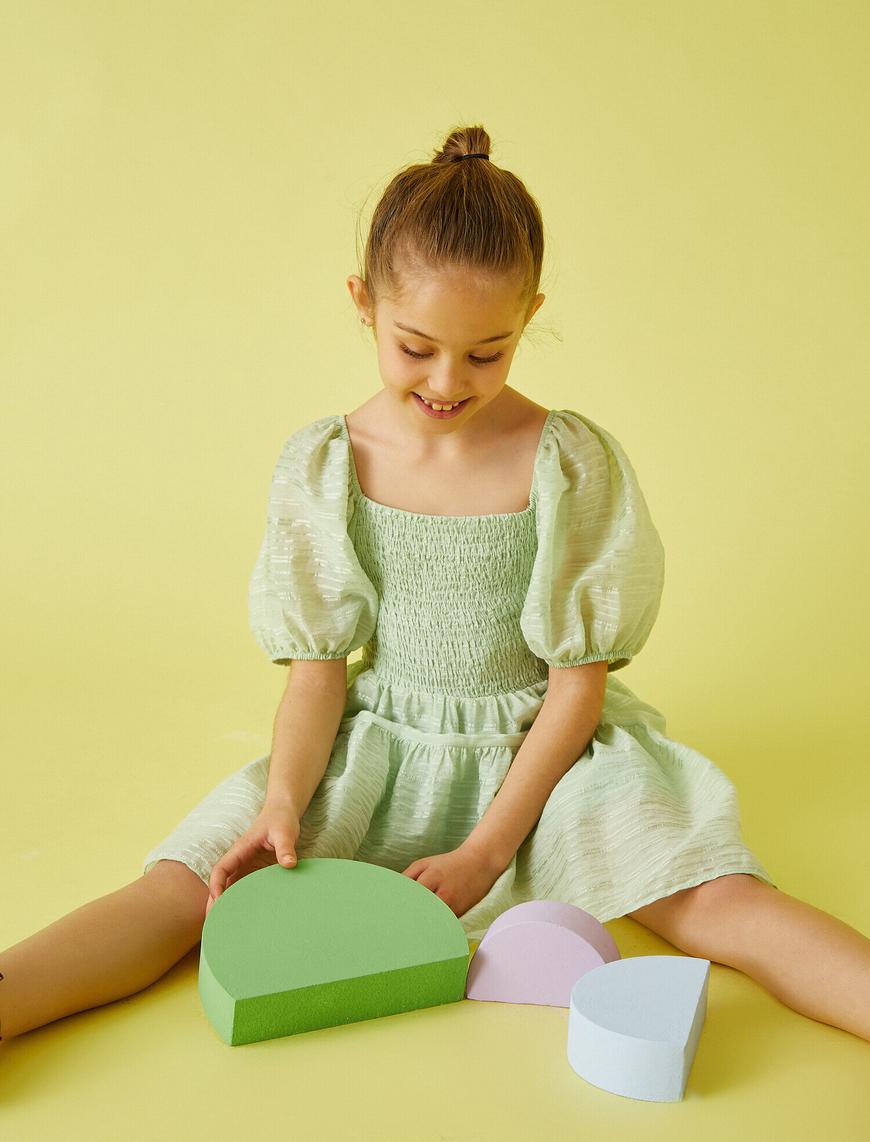  Kız Çocuk Balon Kol Elbise Şeritli Kısa Kollu